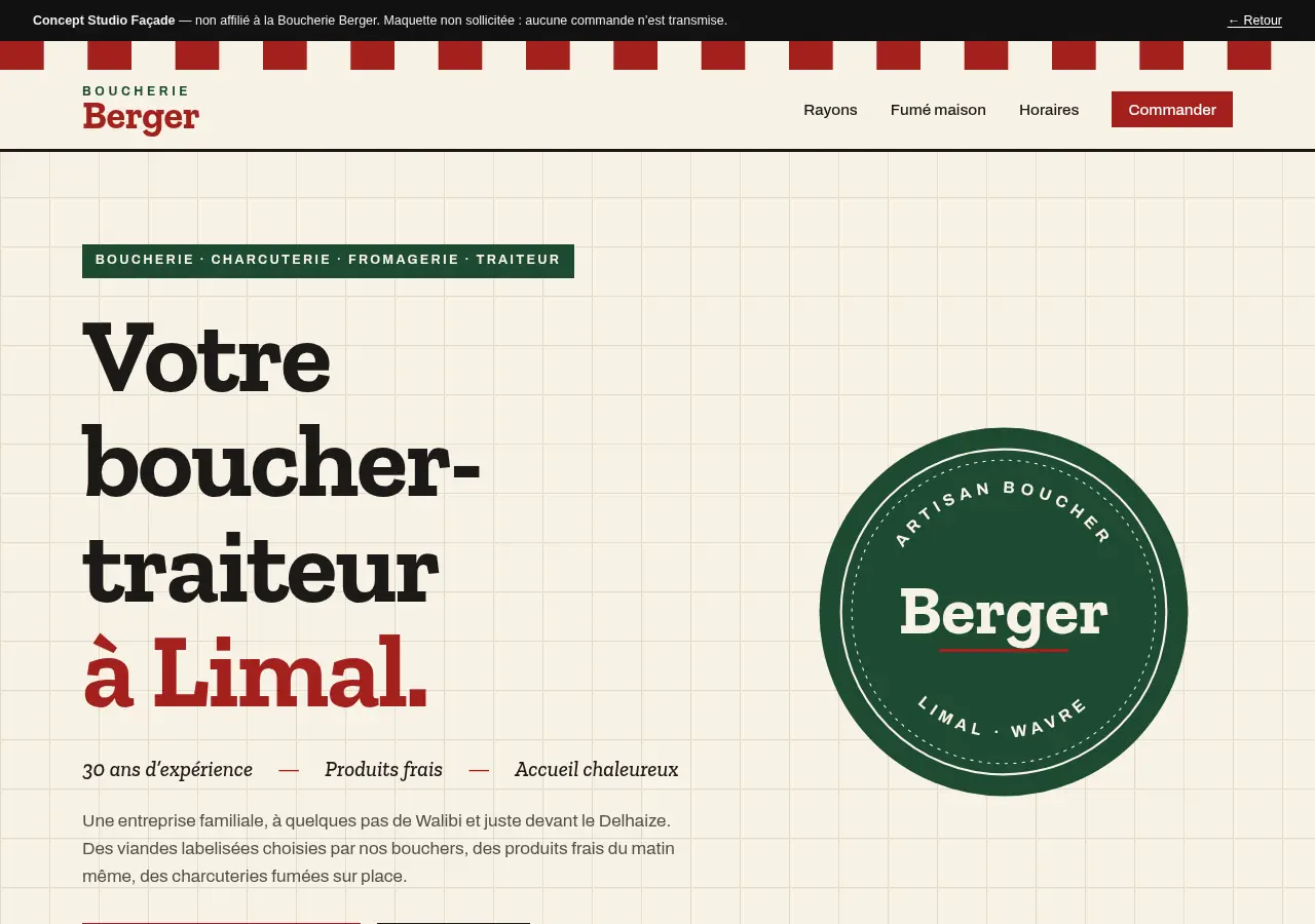 Na: ontwerp van Studio Façade voor Boucherie Berger, rood gestreepte luifel, grote titel ‘Votre boucher-traiteur à Limal’ en een groen embleem.