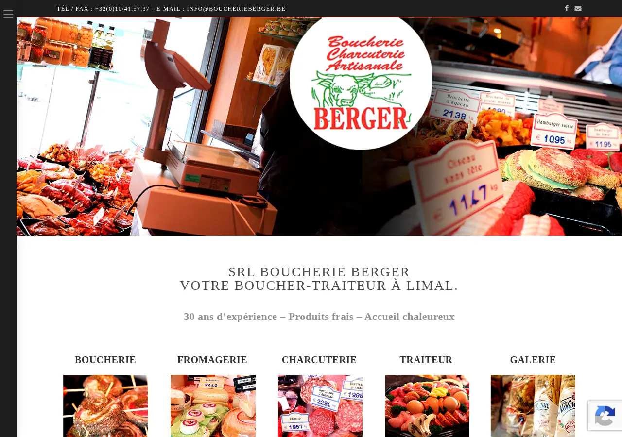 Voor: schermafbeelding van de huidige site van Boucherie Berger, grote foto van de toonbank met het ronde logo in het midden, titel in hoofdletters, vijf rubrieken met foto.