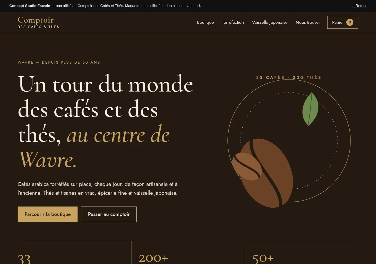 Na: ontwerp van Studio Façade voor Comptoir des Cafés et Thés, espressokleurige achtergrond, grote titel in dunne kapitalen en rechtstreekse toegang tot de webshop.