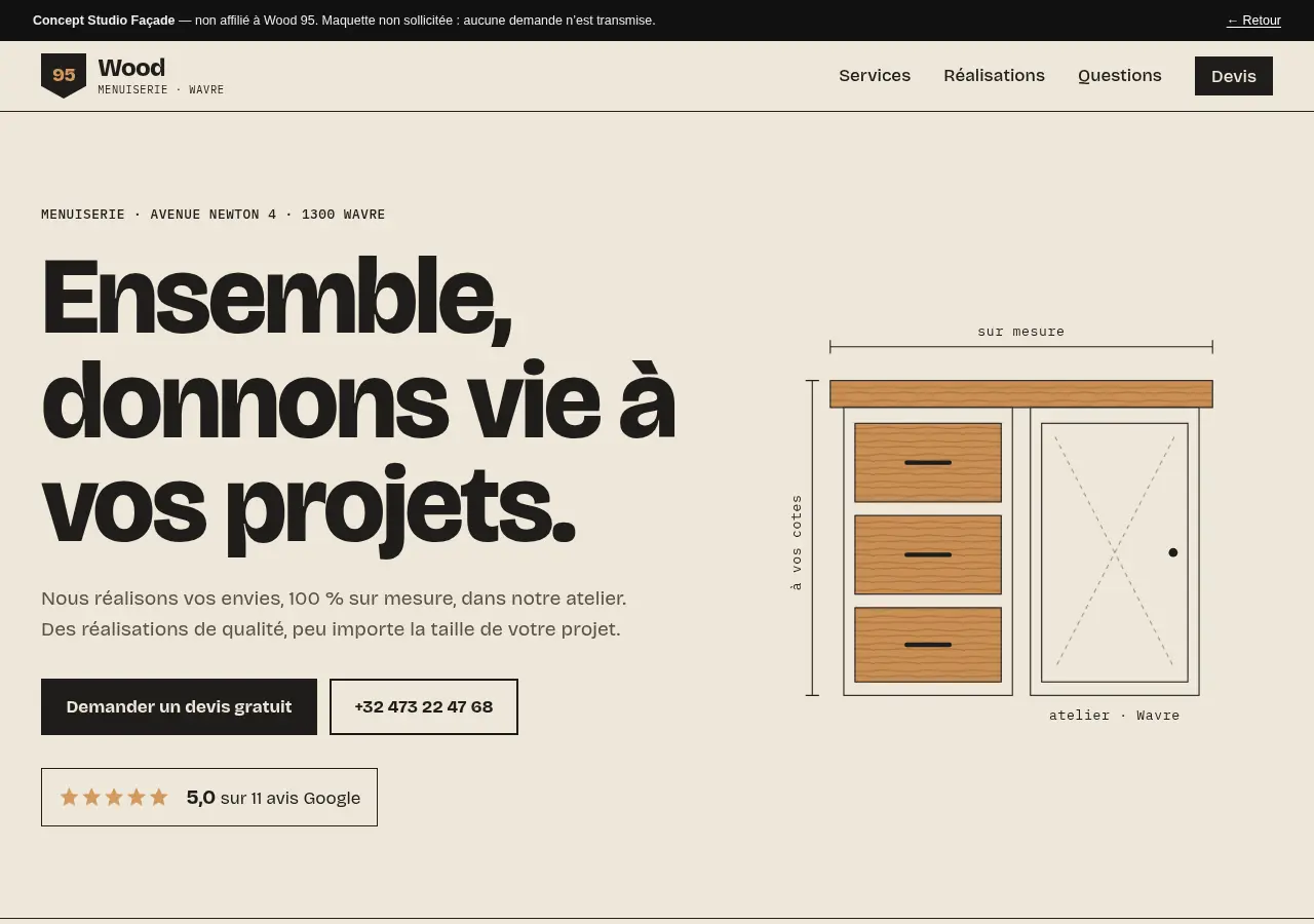 Na: ontwerp van Studio Façade voor Wood 95, donkere achtergrond, titel in een vette schreefloze letter en realisaties getekend als werkplaatstekeningen.
